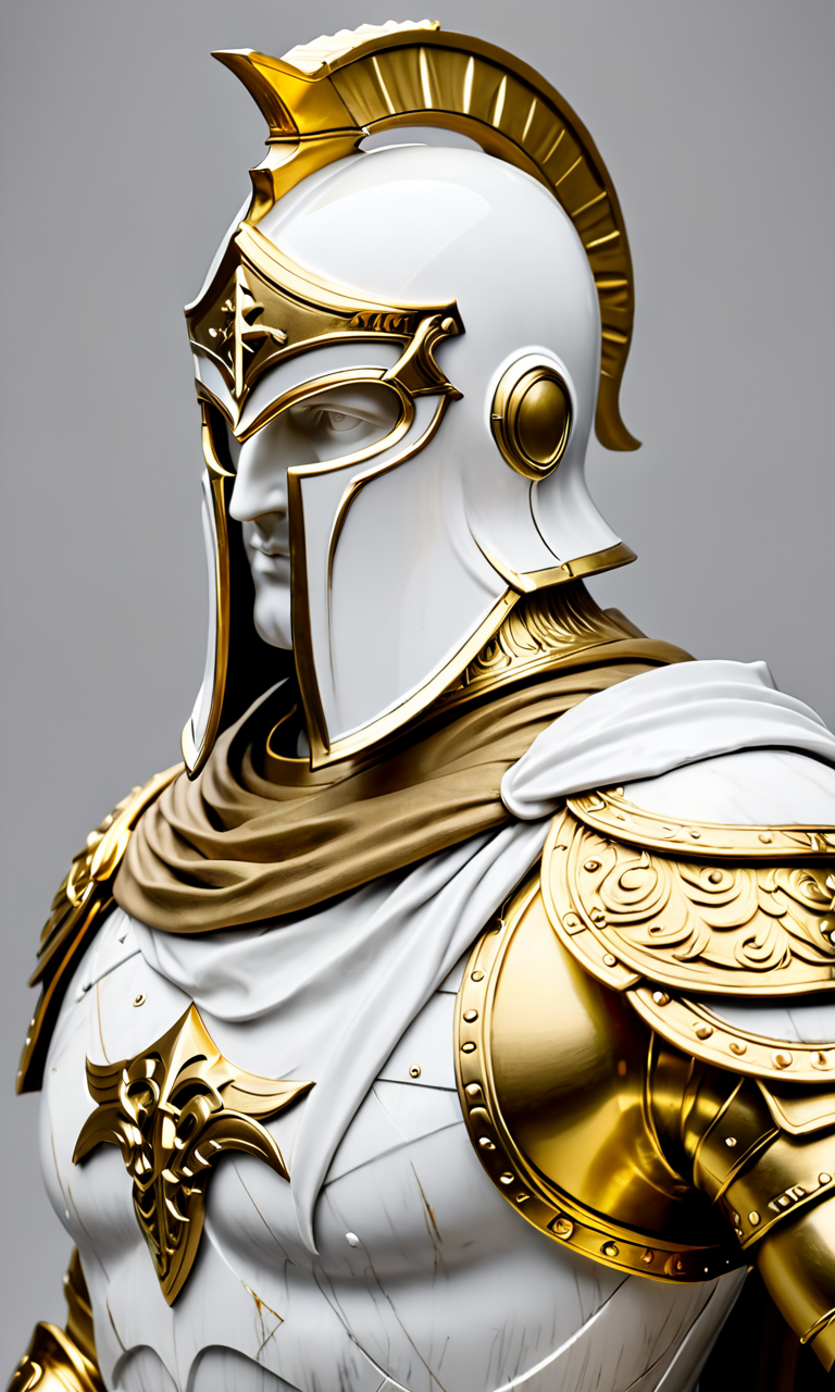 a statue of a man in armor, best quality, masterpiece,  <lora:cstatuesdxl:0.8>, cstatuesdxl, white and gold, wearing a hood, carrying a sword, knight, templar