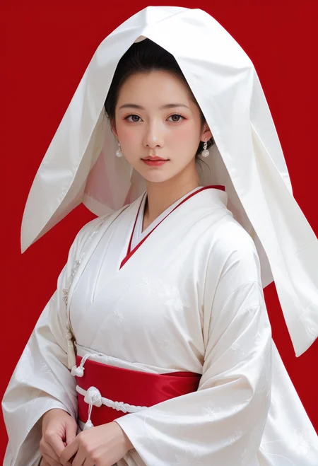 score_9,score_8_up,score_7_up,8k,red background,,ruanyi0721,bride,white kimono,hood up,japanese clothes,<lora:0721 Shiromuku_v1_pony:1>