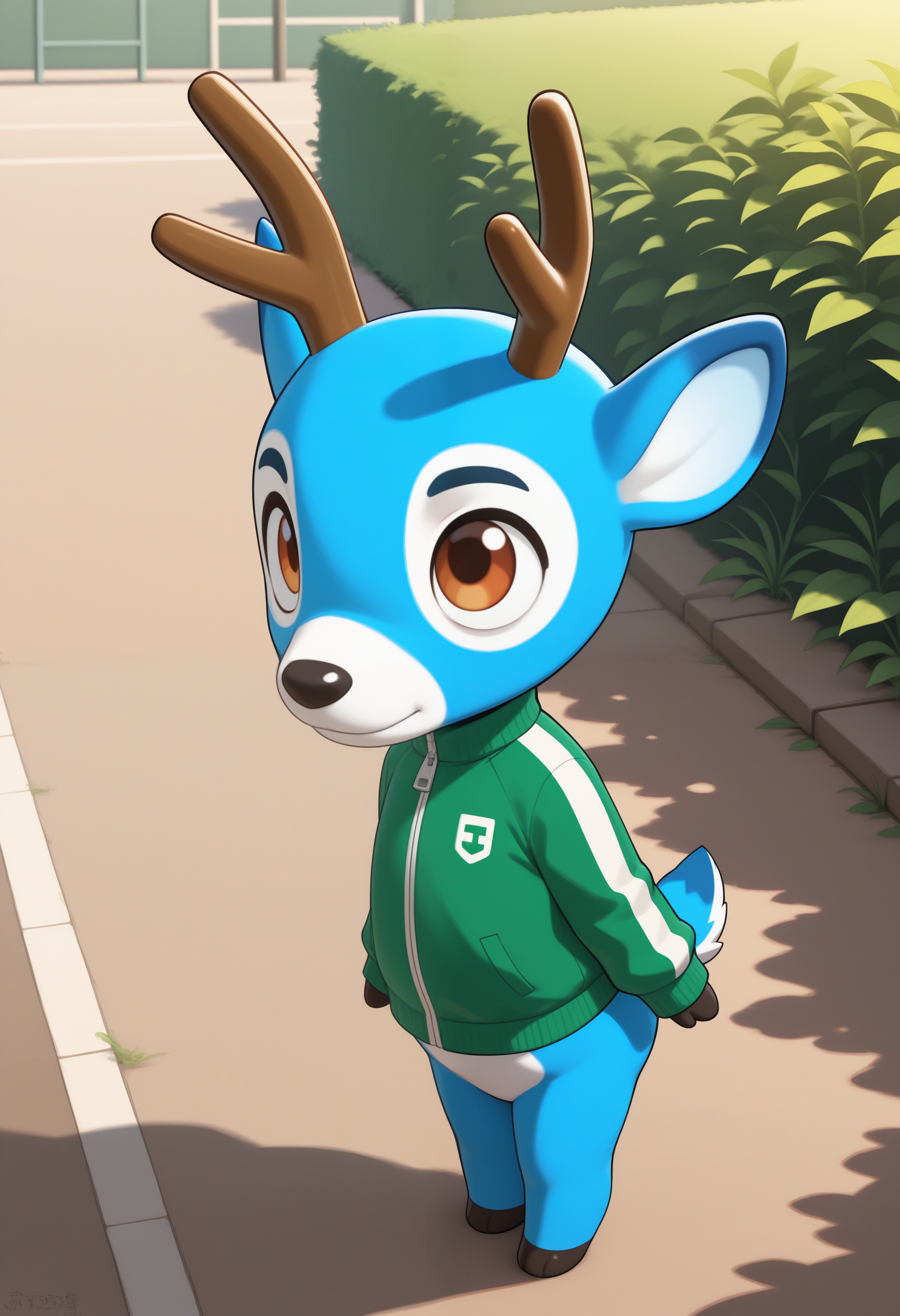masterpiece,best quality, amazing quality, 1boy, solo,b4m, deer boy, chibi, antlers, black freckles, blue fur, brown eyes, green jacket, track jacket,  bottomless, outdoors, cute, 