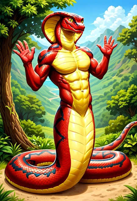Naga, Scalie, scales, cobra hood, ((extremely long thick tail)), 1boy, solo, ((no legs, legless)), coiled tail, snake tail, Red scales, scales, Yellow belly, abs, outdoors, tail draped over everything, Waving, Smiling with head tilt, Naga_tail