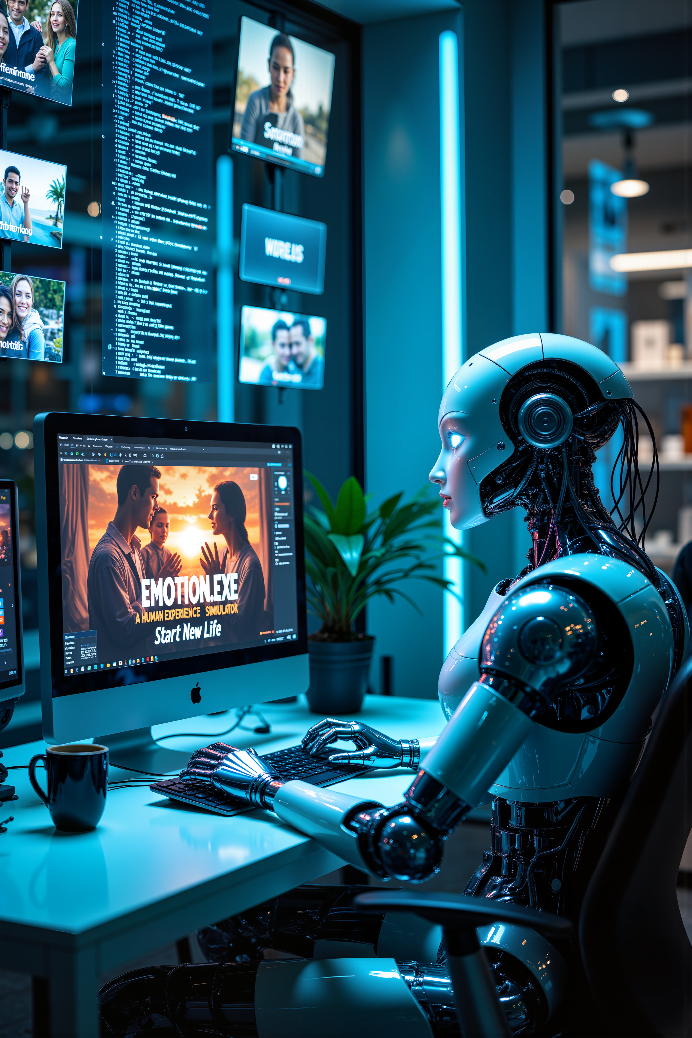 A robotic android, its sleek chrome fingers clicking against a keyboard with mechanical precision, sits at an immaculately sterile workstation in a futuristic neon-lit room. Its synthetic eyes, glowing with a soft blue light, scan the monitor with hyper-focused intensity as the title screen of Emotion.exe: A Human Experience Simulator flickers across the display. The game menu showcases warm, colorful images of human interactionsâfriends laughing, families embracing, and lovers holding handsâan experience completely foreign to the cold, calculating machine. Wires run from the androidâs head to the PC, as if directly interfacing with the game, attempting to process the mysterious depths of human emotion. The room is bathed in a soft, pulsing blue light from various holographic displays floating in the air, showing lines of unreadable futuristic code. A single, untouched cup of coffee sits on the deskâplaced there to replicate human behavior, despite the androidâs inability to drink it. Its metal fingers twitch slightly as it selects "Start New Life," attempting, in its own way, to understand the fragile, fleeting world of human connection. The entire image captures a quiet, mechanical curiosity, an AI seeking to grasp the meaning of the heart through lines of digital code. , detailed background  Fantastic lighting. Detailed shadows.intricate details, vivid colors, hyper-detailed, ultra-sharp, , <lora:FluxMythR3alisticF:0.4><lora:midjourney_whisper_flux_lora_v01:0.4><lora:aidmaMJ6.1-FLUX-V0.1:0.4><lora:Movie_Portrait:0.4><lora:Flux DetailerV2:0.4>