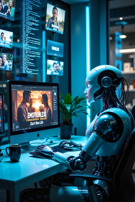 A robotic android, its sleek chrome fingers clicking against a keyboard with mechanical precision, sits at an immaculately sterile workstation in a futuristic neon-lit room. Its synthetic eyes, glowing with a soft blue light, scan the monitor with hyper-focused intensity as the title screen of Emotion.exe: A Human Experience Simulator flickers across the display. The game menu showcases warm, colorful images of human interactionsâfriends laughing, families embracing, and lovers holding handsâan experience completely foreign to the cold, calculating machine. Wires run from the androidâs head to the PC, as if directly interfacing with the game, attempting to process the mysterious depths of human emotion. The room is bathed in a soft, pulsing blue light from various holographic displays floating in the air, showing lines of unreadable futuristic code. A single, untouched cup of coffee sits on the deskâplaced there to replicate human behavior, despite the androidâs inability to drink it. Its metal fingers twitch slightly as it selects "Start New Life," attempting, in its own way, to understand the fragile, fleeting world of human connection. The entire image captures a quiet, mechanical curiosity, an AI seeking to grasp the meaning of the heart through lines of digital code. , detailed background Fantastic lighting. Detailed shadows.intricate details, vivid colors, hyper-detailed, ultra-sharp, , <lora:FluxMythR3alisticF:0.4><lora:midjourney_whisper_flux_lora_v01:0.4><lora:aidmaMJ6.1-FLUX-V0.1:0.4><lora:Movie_Portrait:0.4><lora:Flux DetailerV2:0.4>