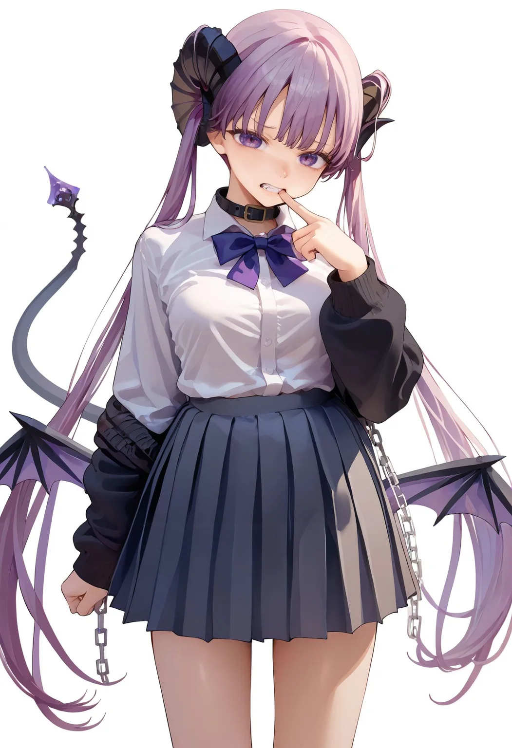 score_9,score_8_up,score_7_up, <lora:jima_style_pdxl_goofy:1>1girl, black collar, bow, bowtie, breasts, chain, clenched teeth, collar, collared shirt, cowboy shot, curled horns, dress shirt, finger to mouth, grey skirt, horns, long hair, long sleeves, looking at viewer, low wings, medium breasts, mouth pull, pleated skirt, purple eyes, purple hair, shirt, simple background, skirt, sleeves past wrists, solo, standing, tail, tail raised, teeth, twintails, very long hair, white background, white shirt, wings