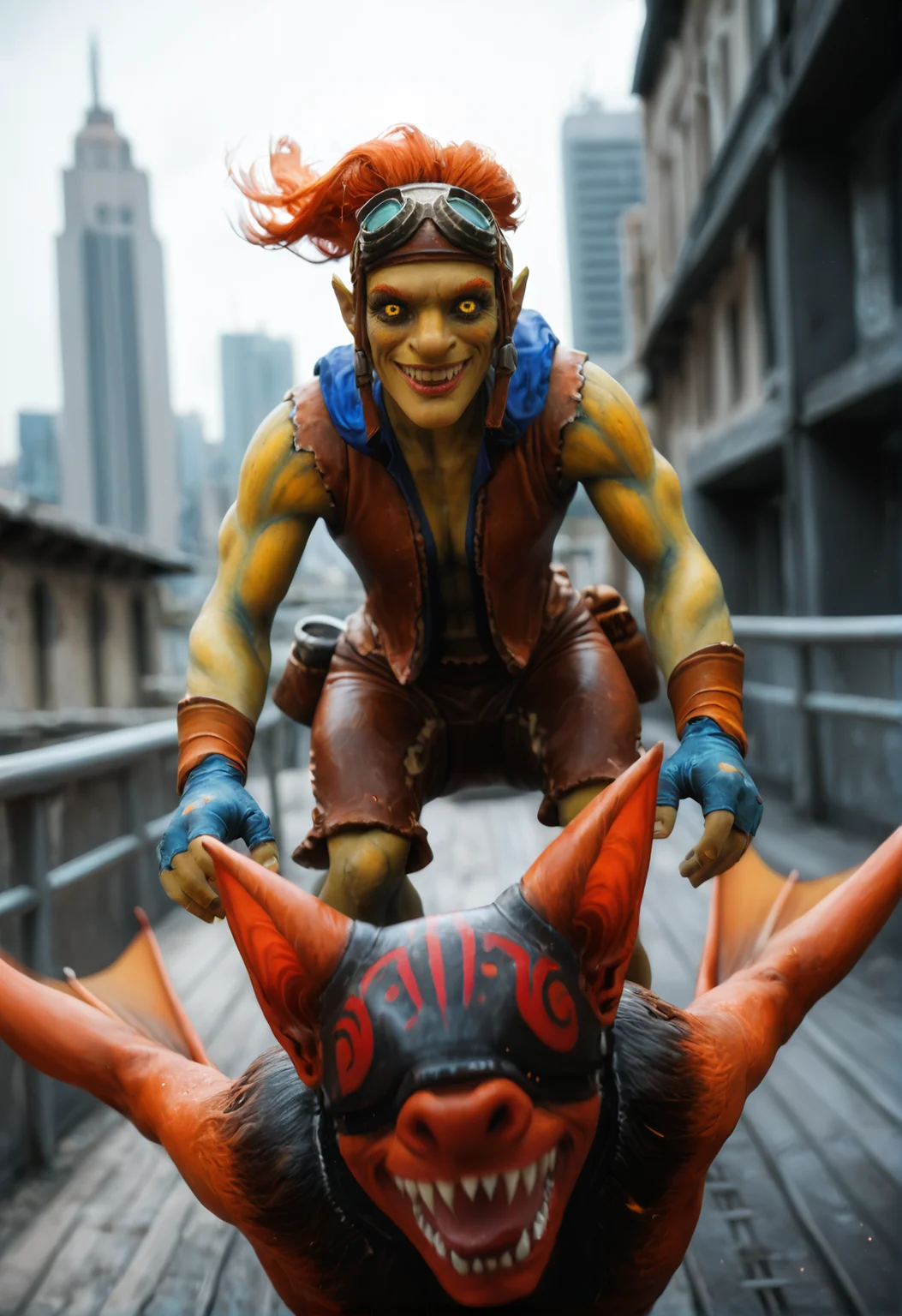 <lora:batrider_v1:1> yellow skin, batrider_v1, 1boy, goggles, goggles on head, bat, riding a bat, colored skin, smile, pointy ears, gloves, teeth, grin, wings, orange hair, riding, red hair, sharp teeth, yellow eyes, score_9, score_8_up, score_7_up, score_6_up, derpibooru_p_95,
detailed eyes, beautiful, detailed background, perfect eyes,
blur censor, blurry, blurry background, blurry foreground, bokeh, motion blur,
chromatic aberration, depth of field, figure, focused,  focus
photography, realistic sun light and shadows, photorealism, UHD --ar 9:16 --style raw --stylize 700,
solo,
(futuristic architecture, futuristic, neon - lit cityscape, as massive holographic advertisements fill the sky, pinup pose, sexy pose, looking at viewer,