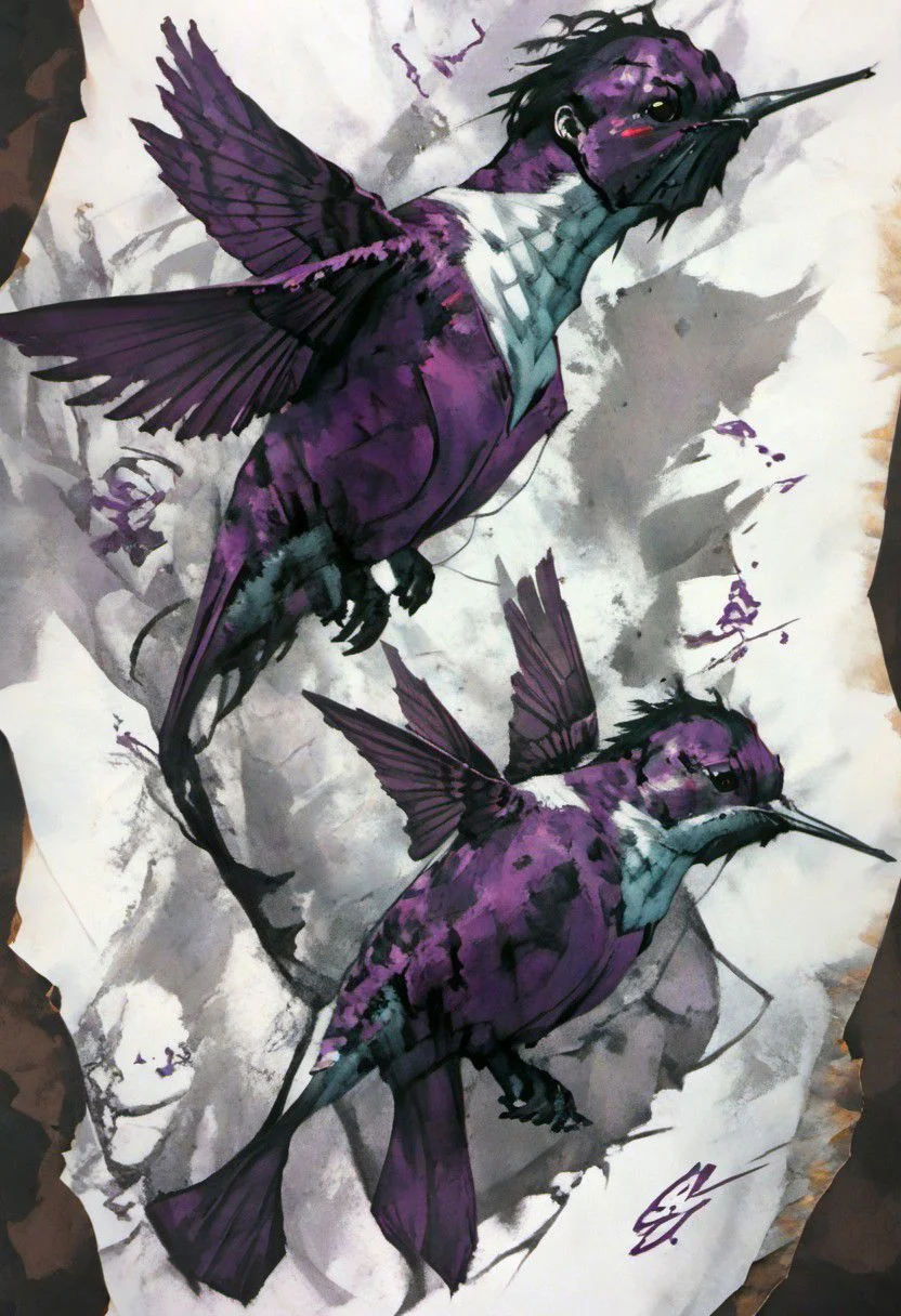 style inspiration Art by Jim Mahfood, Henry Asensio, Vector Create a tattoo with an exquisite ink design on white paper that makes the perfect multi-exposure piece of art. This piece was designed to combine the dimensional hue of purple hibiscus with the hyper-realistic style of a hummingbird. Tattoo, Minimal Solid Letterhead, Dark Fantasy, Poster, Photography, Painting. Vivid, Fashion, Wildlife Photography, Concept Art,