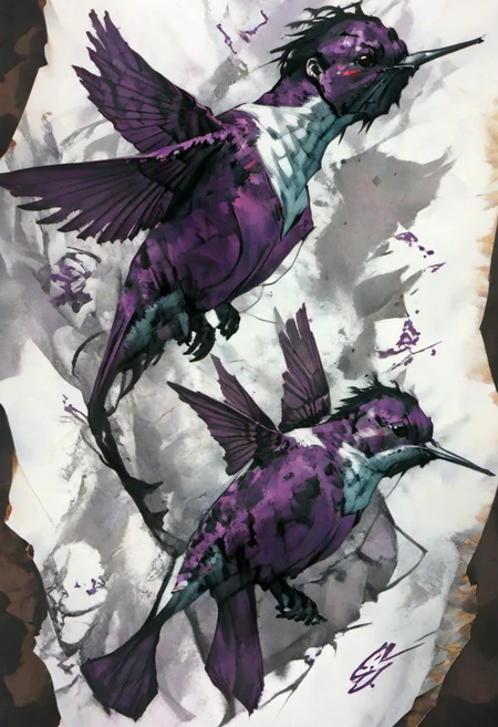style inspiration Art by Jim Mahfood, Henry Asensio, Vector Create a tattoo with an exquisite ink design on white paper that makes the perfect multi-exposure piece of art. This piece was designed to combine the dimensional hue of purple hibiscus with the hyper-realistic style of a hummingbird. Tattoo, Minimal Solid Letterhead, Dark Fantasy, Poster, Photography, Painting. Vivid, Fashion, Wildlife Photography, Concept Art,