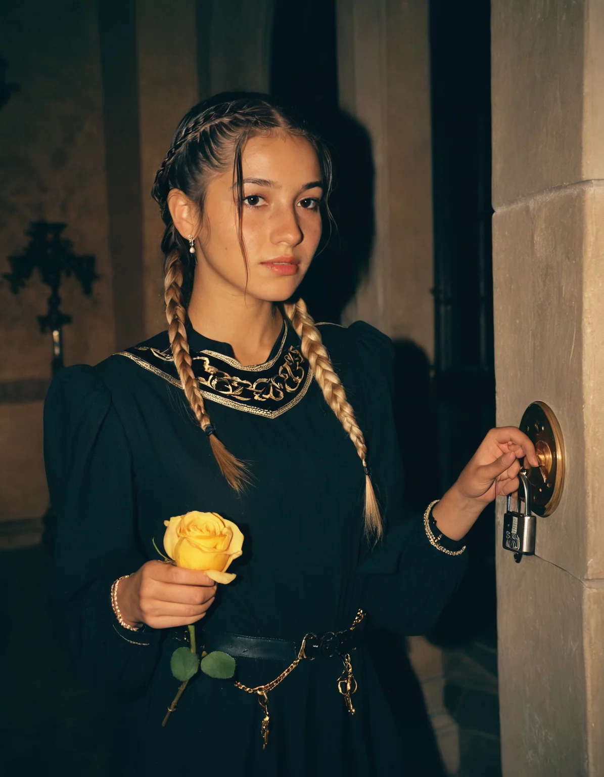 A girl, yellow rose color Braided sidelock hair, Ashkenazi Jewish, Honey Skin, Lanky body, in a dark thiefâs outfit, picking a lock, sly expression, in a mansion, shot on Canon EOS 5D, street fashion photography, soft lighting, Lomochrome color film, 4k