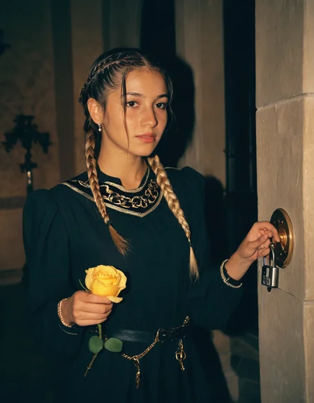 A girl, yellow rose color Braided sidelock hair, Ashkenazi Jewish, Honey Skin, Lanky body, in a dark thiefâs outfit, picking a lock, sly expression, in a mansion, shot on Canon EOS 5D, street fashion photography, soft lighting, Lomochrome color film, 4k