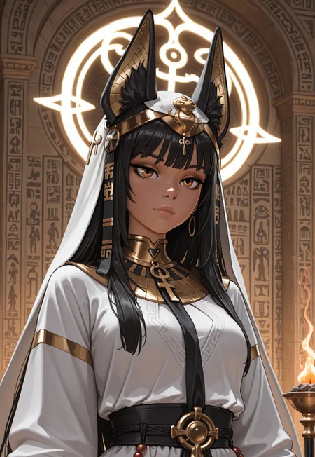 score_9, score_8_up, score_7_up, 1girl, solo, ancient Egyptian priestess, ornate golden headdress with lapis lazuli and turquoise inlays, ceremonial staff with a carved ankh at the top and hieroglyphic symbols along the shaft, long straight black hair adorned with gold beads, realistic, cinematic angle, cinematic lighting, slender body, mystical face, deep amber eyes, ritualistic pose
BREAK
performing a sacred ritual in a grand temple
BREAK
source_ancient_Egyptian_art, rating_explicit, expressive, full body, elegant pose
BREAK
detailed beautiful background, majestic temple interior with towering stone columns and intricate wall carvings, sacred altar with burning incense and offerings, grand statues of deities, distant desert landscape with pyramids and palm trees, mystical atmosphere with a sense of ancient magic and reverence
<lora:Expressive_H:0.6>Expressiveh, (SimplepositiveXLv1:1.3), (((upper body, full clothed:1.85))) ((masterpiece)) (ultra realistic, 32k, masterpiece:1.2), (high detailed skin:1.1), (high quality:1.1) (((full clothed))) <lora:DandonFuga_Style_v.2_-_Pony:0.8>
<lora:add-detail-xl:1>
<lora:Dynamic Poses:1>