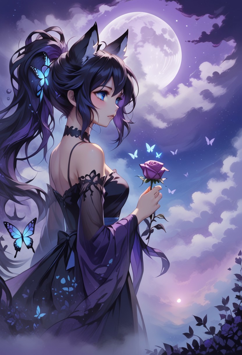 abstractzyrnox, abstract, abstract art, butterfly, blue, purple, white, fog, cinematic, purple sky, cloud, moon, ((1girl, foxgirl, fox girl), holding rose, high ponytail hair, black hair, blue eyes, black hair, messy hair)