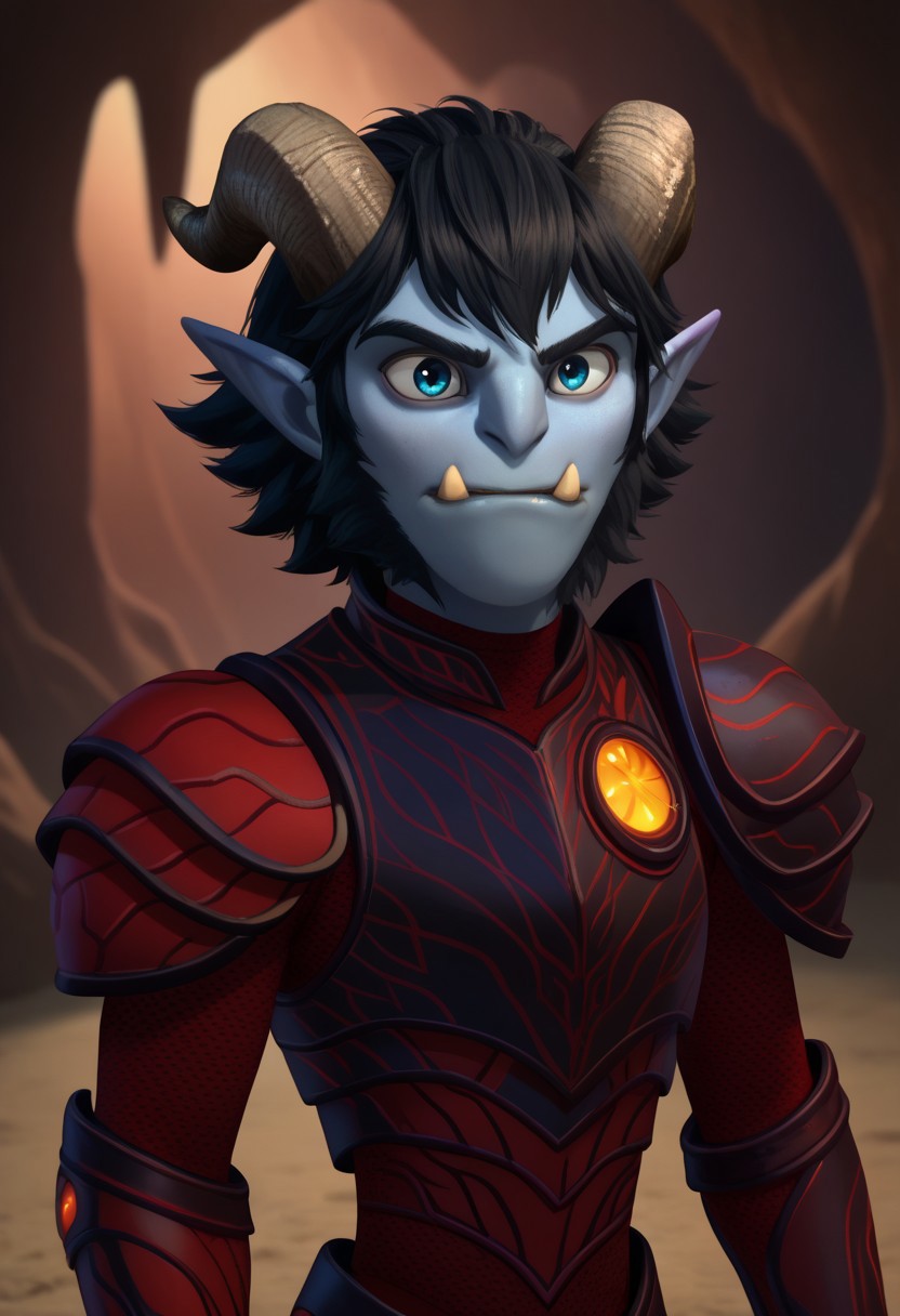 score_9, score_7_up, 
jimth, 1boy, male focus, solo, blue eyes, black hair, troll, colored skin, blur skin, horns, pointy ears, horns, fang, tusks, armor, full armor, red armor, upper body,
indoor, cave