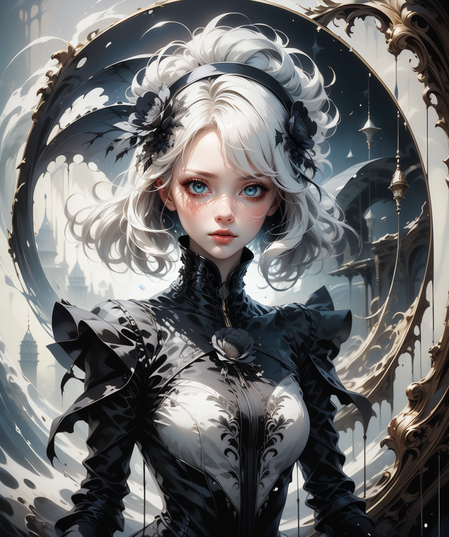 (masterpiece), (best quality), (vibrant light colors), intricate pattern, <lora:AnzhcDreamwave v3_1 watermark fix:0.5> anzhcdreamwave, aesthetic, canvas with red paint, 1girl, white hair, pale, creativity, white dress, hair ornament, dreamlike, (blurry background:1.1)