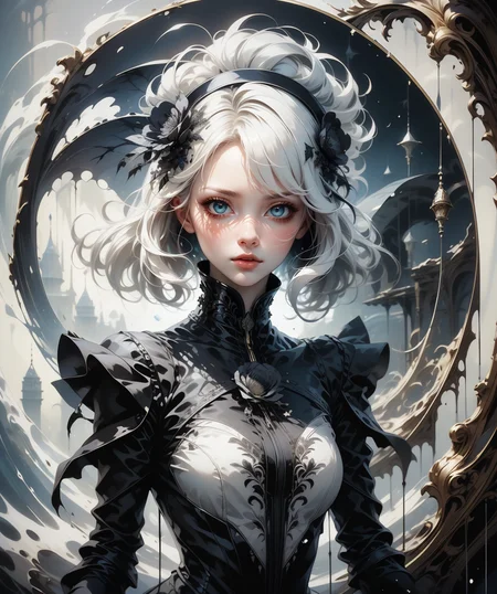 (masterpiece), (best quality), (vibrant light colors), intricate pattern, <lora:AnzhcDreamwave v3_1 watermark fix:0.5> anzhcdreamwave, aesthetic, canvas with red paint, 1girl, white hair, pale, creativity, white dress, hair ornament, dreamlike, (blurry background:1.1)