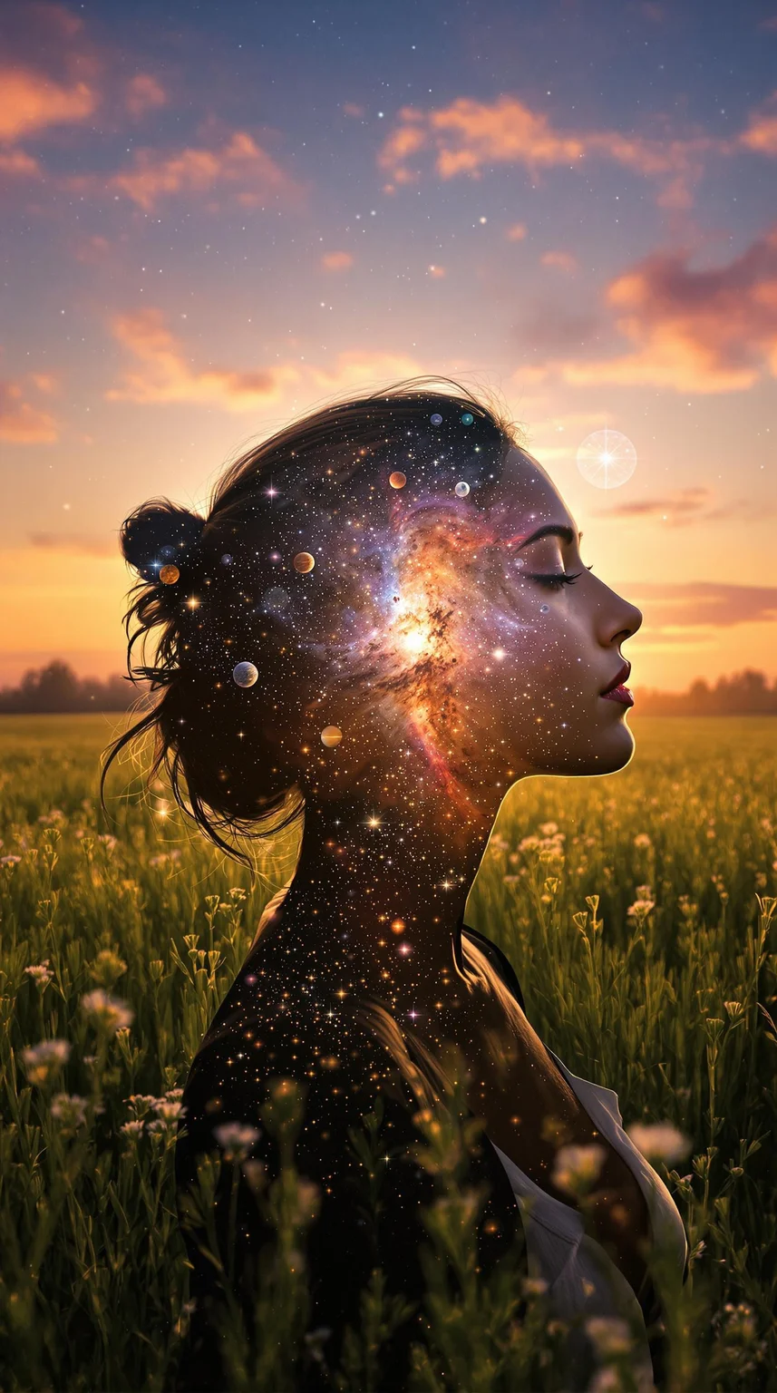 Close-up portrait of a woman standing in a lush summer meadow at sunset, with the galaxy contained within her silhouette. Soft, ethereal light illuminates her features, while a radiant aura surrounds her, blending seamlessly into the sky's warm hues. The stars and planets twinkle within her outline, as if the cosmos itself has taken refuge within her being.