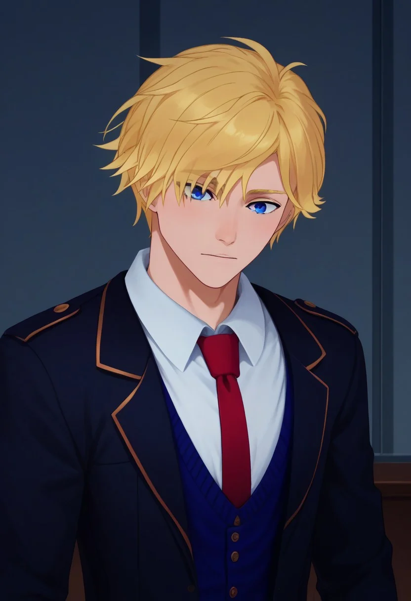 score_9, score_8_up, score_7_up, source_anime, highly detailed,
jaune, 1boy, male focus, solo, blonde hair, blue eyes, school uniform, shirt, white shirt, collared shirt, necktie, red necktie, blazer, upper body
indoor