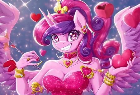 1girl, cleavage, jewelry, medium breasts, upper body, pink hair, earrings, choker, pink eyes, bracelet, ehart-shaped eyes, makeup, headphones, pink skin, glowing, anthro, Princess Candence, Wings, pink dress, My Little Pony, poseMega, 1girl, breasts, collar, large breasts, bracelet, ponytail, long hair, smile, jewelry, teeth, nail polish, grin, heart floating, heart-shaped pupils, aroused, heart eyes, cupid arrow, Valentine's day themed