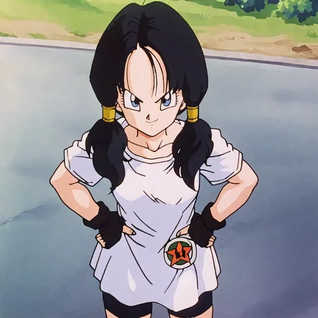 <lora:videl_pony_v1:.75>VidellLongHair, 1girl, fingerless gloves, twintails, black hair, white shirt, black gloves, blue eyes, bike shorts, eyelashes, short sleeves, looking at viewer, hands on hips