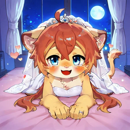lv1_rubili,
moe, cute,masterpiece, super fine illustration, best quality, light particles, ultra-detailed, 8K wallpaper, cute, adorable, kawaii, moe,
front view,background:hotel,bedroom,indoors,Window,night,dark,moon,shiny,night time, night sky, dark blue lighting, lying on the pink bed, lying down,spreading, heart symbol, Romantic, looking at viewer,
solo,1girl,furry,furry female,theowf,blue eyes,((very long hair,long hair:2.0)), ahoge, animal ears, cat ears, cat tail
mermaid wedding dress,wedding dress, wedding veil,white dress,wedding ring ,tiara, sfw, blush,
smile, looking pleasured,looking fun, open smile mouth,tears,happy tears,tears of joy,
