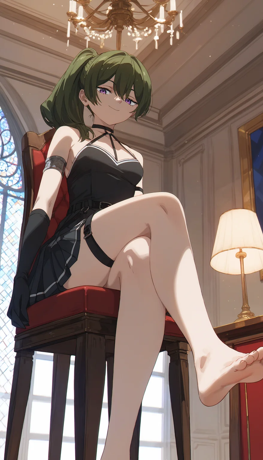 (score_9, score_8_up, score_7_up)
BREAK
ubel_olis, 1girl, solo, side ponytail, medium hair, green hair, purple eyes, o-ring choker, halterneck, black dress, small breasts, armlet, arm strap, single elbow glove, black belt, pleated skirt, suspenders hanging, bare legs, barefoot
BREAK
looking at viewer, looking down, crossed legs, on chair, red chair, smug, closed mouth
BREAK
from below, architecture, window, dark, lamp, hanging light, chandelier, indoors
<lora:Ubel_SousouNoFrieren_v1:1>