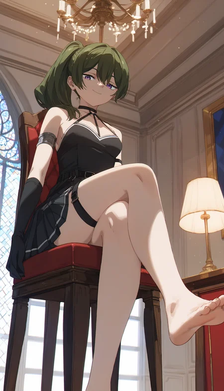 (score_9, score_8_up, score_7_up)
BREAK
ubel_olis, 1girl, solo, side ponytail, medium hair, green hair, purple eyes, o-ring choker, halterneck, black dress, small breasts, armlet, arm strap, single elbow glove, black belt, pleated skirt, suspenders hanging, bare legs, barefoot
BREAK
looking at viewer, looking down, crossed legs, on chair, red chair, smug, closed mouth
BREAK
from below, architecture, window, dark, lamp, hanging light, chandelier, indoors
<lora:Ubel_SousouNoFrieren_v1:1>