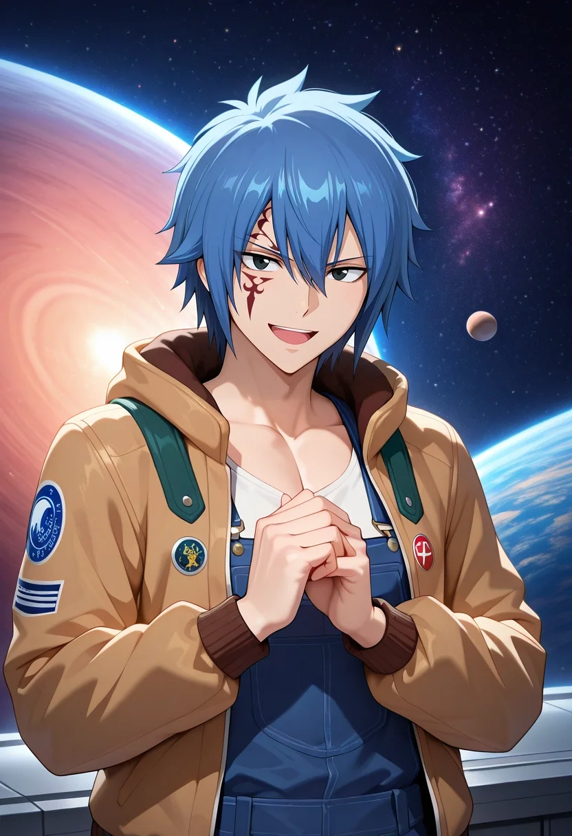 masterpiece, best quality, intricate details, (3d:0.4), looking at viewer, 1boy, solo, male focus, <lora:jellal_fernandes_ilxl:0.96>, jellal_fernandes, blue hair, black eyes, short hair, tattoo, facial mark, hair between eyes, asymmetrical, space, planets, dawn, own hands together, :D, Overalls, LemonZest Bomber jacket, Brogues, Panama hat, and