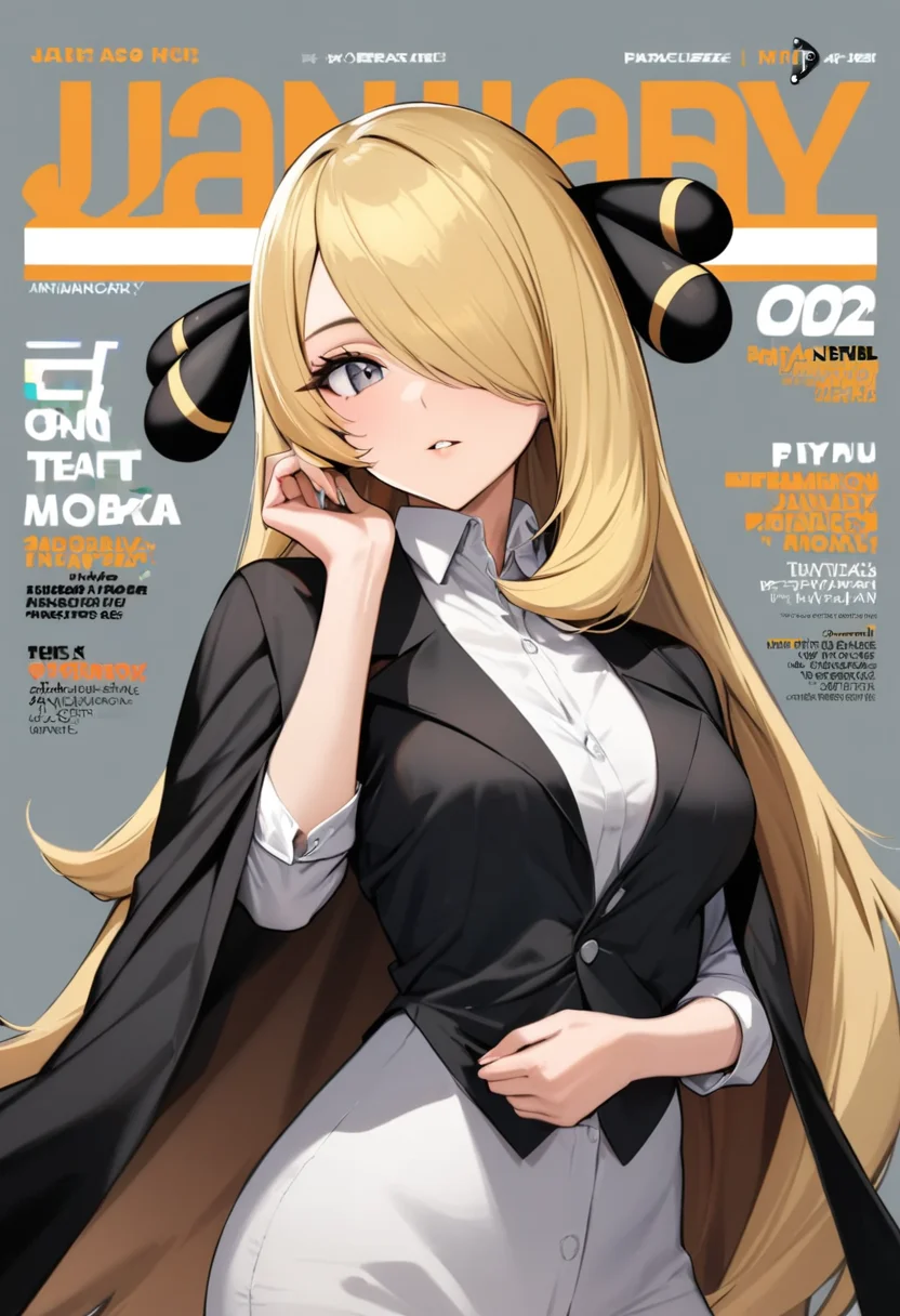 masterpiece, best quality, very aesthetic, absurdresï¼<lora:cynthia_(pokemon):1>ï¼highres, cynthia_\(pokemon\), 2022, absurdres, medium_breasts, 1girl, solo, january, upper_body, alternate_costume, fake_cover, hand_up, black_jacket, jacket_on_shoulders, dress_shirt, hair_over_one_eye, looking_at_viewer, parted_lips, collared_shirt, sleeves_rolled_up, english_text, long_sleeves, white_shirt, magazine_cover, hand_on_own_chin