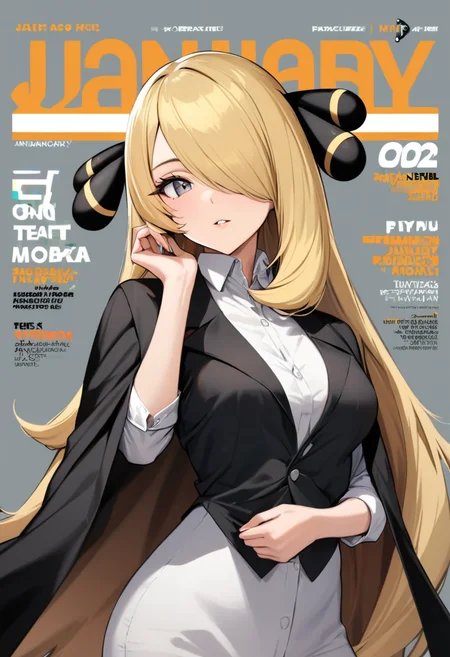 masterpiece, best quality, very aesthetic, absurdresï¼<lora:cynthia_(pokemon):1>ï¼highres, cynthia_\(pokemon\), 2022, absurdres, medium_breasts, 1girl, solo, january, upper_body, alternate_costume, fake_cover, hand_up, black_jacket, jacket_on_shoulders, dress_shirt, hair_over_one_eye, looking_at_viewer, parted_lips, collared_shirt, sleeves_rolled_up, english_text, long_sleeves, white_shirt, magazine_cover, hand_on_own_chin