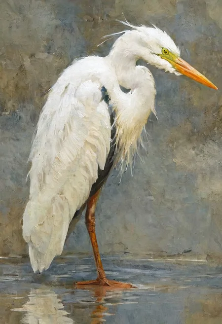 abstract artistic representation of big white heron, art by Paul Lovering, Antonio J. Manzanedo.