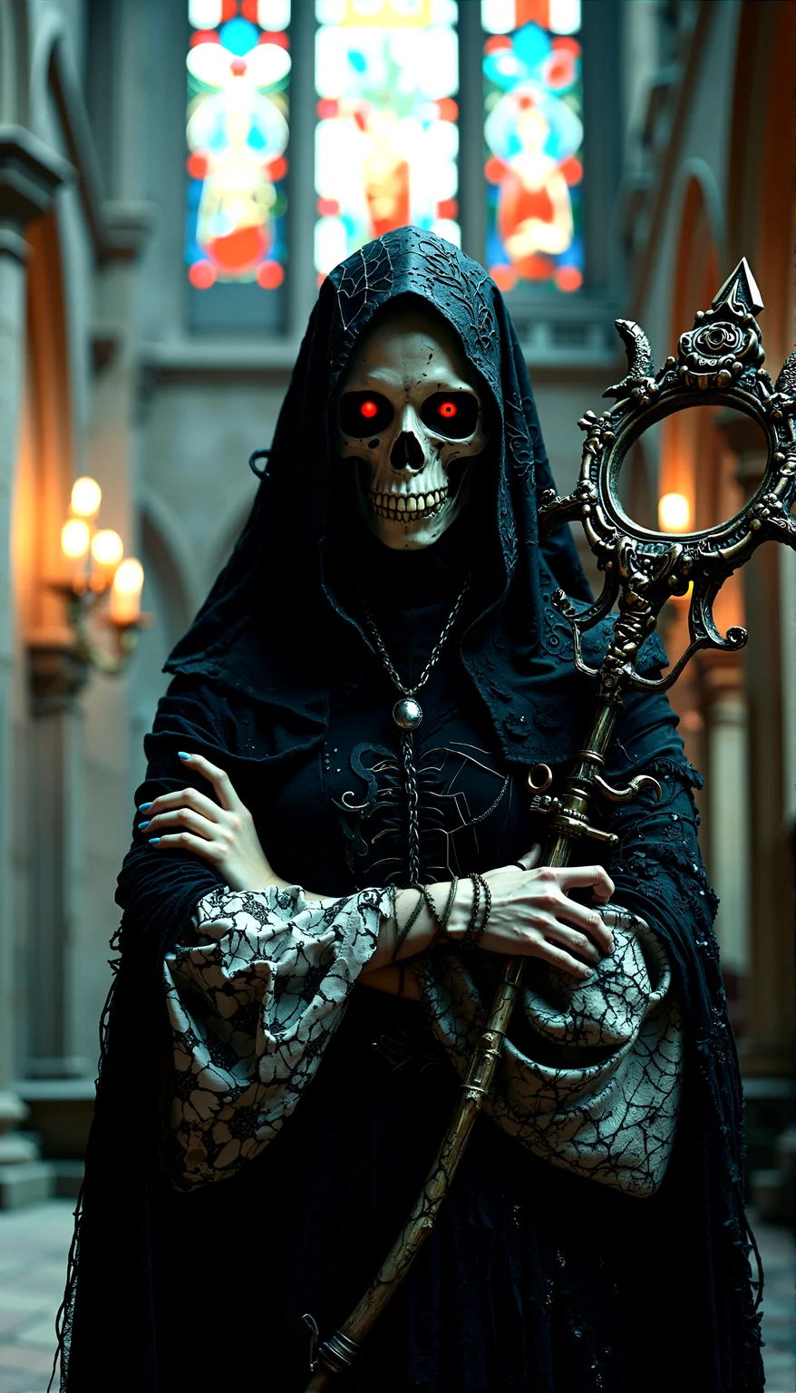 The figure stands with arms crossed over her chest, holding a staff decorated with skeletal elements in one hand, her posture regal and commanding.
Photorealistic portrayal of a undead beauty, gothic figure with a skeletal figure, dressed in an intricate black and white robe adorned with web-like patterns, standing in a dimly lit, ancient cathedral with eerie, red-glowing eyes.
Close-Up on the Eyes: A tight close-up shot focusing on her glowing red eyes, with the intricate details of her skeletal mask barely visible under the hood, creating a sense of intense, mysterious focus.
Soft, diffused light filtering through cracked stained-glass windows, casting eerie, multicolored shadows across her figure.
cinematic lighting, extremely intricate detail character, accurate depiction of character, correct body anatomy, correct hands and fingers, extremely intricate skin and facial skin texture detail, lifelike potrayal, extremely realistic lighting, extreme dynamic pose. Extremely sharp detail without blurring