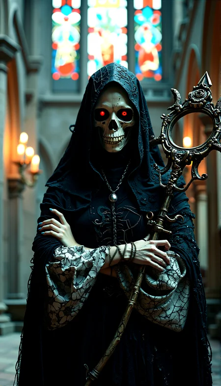 The figure stands with arms crossed over her chest, holding a staff decorated with skeletal elements in one hand, her posture regal and commanding.
Photorealistic portrayal of a undead beauty, gothic figure with a skeletal figure, dressed in an intricate black and white robe adorned with web-like patterns, standing in a dimly lit, ancient cathedral with eerie, red-glowing eyes.
Close-Up on the Eyes: A tight close-up shot focusing on her glowing red eyes, with the intricate details of her skeletal mask barely visible under the hood, creating a sense of intense, mysterious focus.
Soft, diffused light filtering through cracked stained-glass windows, casting eerie, multicolored shadows across her figure.
cinematic lighting, extremely intricate detail character, accurate depiction of character, correct body anatomy, correct hands and fingers, extremely intricate skin and facial skin texture detail, lifelike potrayal, extremely realistic lighting, extreme dynamic pose. Extremely sharp detail without blurring