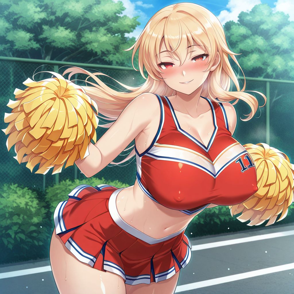 solo, standing, BREAK
1girl,big breasts,lovestruck,seductive smile,in heat,embarrassed,BREAK
blonde hair,long hair,red eyes,cheerleader,BREAK
shiny skin,erect nipples,outdoors, sweat,BREAK
Masterpiece, best quality, amazing quality, extremely detailed, high resolution <lora:総司Ill:0.75> <lora:隈吉2.1Ill:0.85>