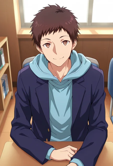 masterpiece, best quality, amazing quality,high resolution, intricate details,official style , , , 1boy, solo, male focus,  <lora:Takeda:0.93>,takeda,brown hair,short hair,brown eyes,smile, long sleeves, sitting, jacket, upper body, indoors, hood, looking at viewer, hoodie, chair, desk