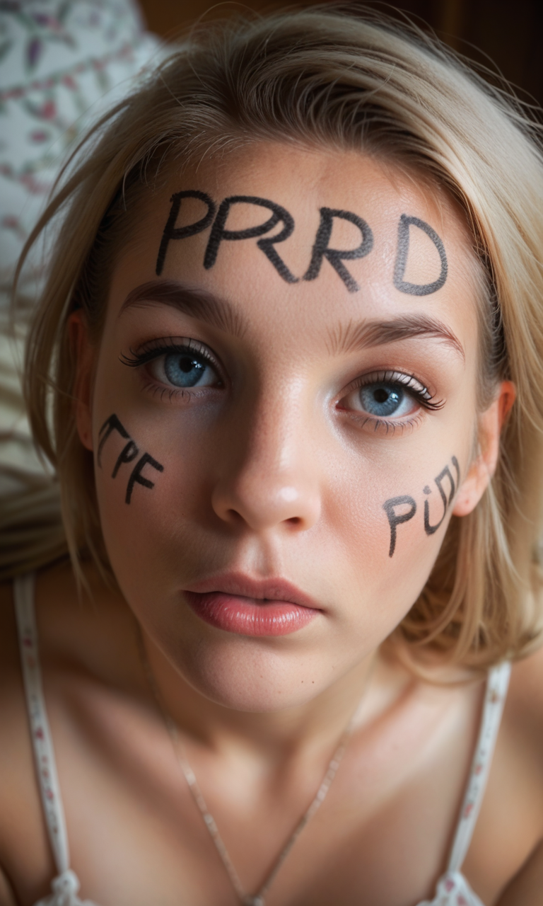 <lora:forehead writing_v1:0.8>forehead writing, 1girl, solo, ((the word "PG" on her forehead)), from above, face close up, blond hair, blue eyes,, score_9, score_8_up, score_7_up,