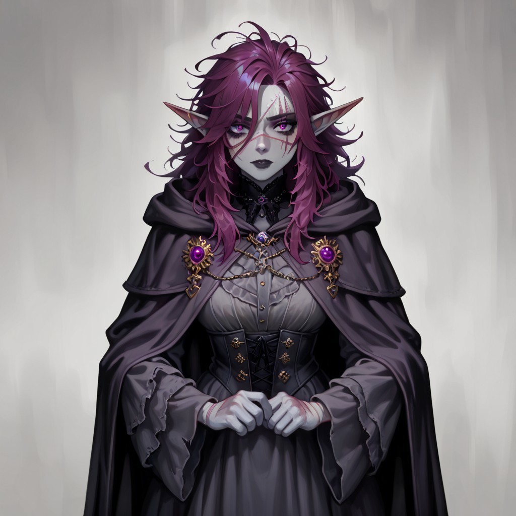 masterpiece, best quality, newest, absurdres, highres, 
D3-ART-V1.0, 
1girl, goth, gothic, goth fashion, victorian, elf, coreset, messy hair, scar, scars, scar on face, robe, medival, medival clothing, 
Purple hair, Purple eyes, grey skin, colored skin, grey colored skin,
