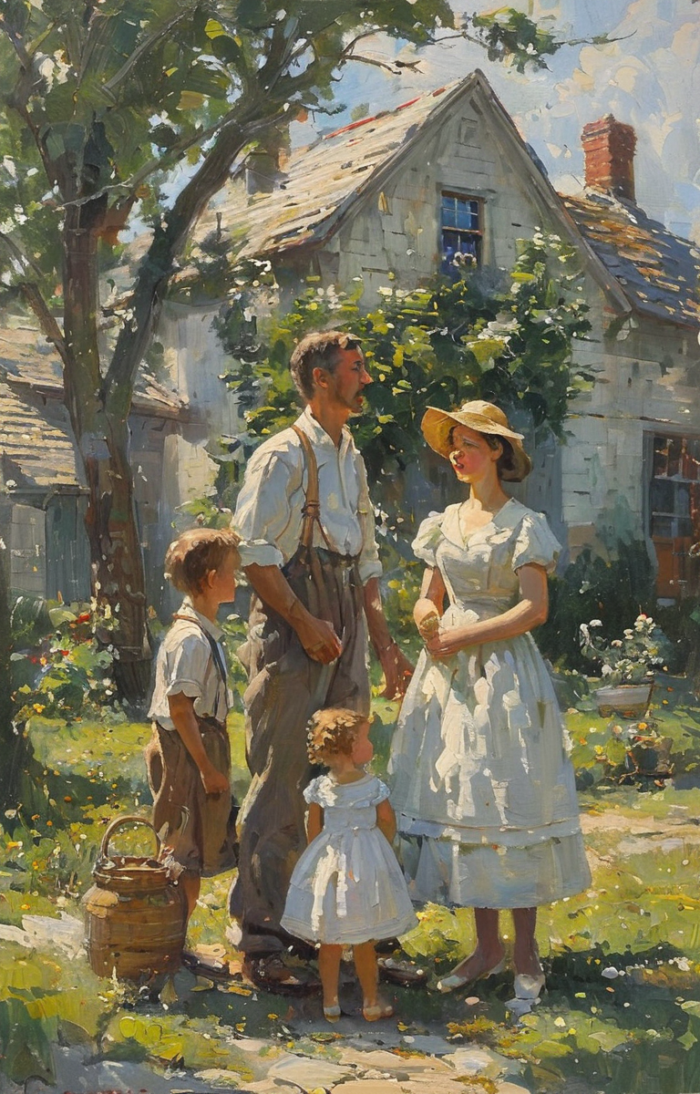 masterpiece,best quality,<lora:tbh209-sdxl:0.9>,illustration,style of Anthony Thieme portrait of family