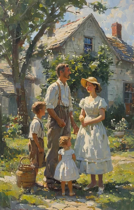 masterpiece,best quality,<lora:tbh209-sdxl:0.9>,illustration,style of Anthony Thieme portrait of family