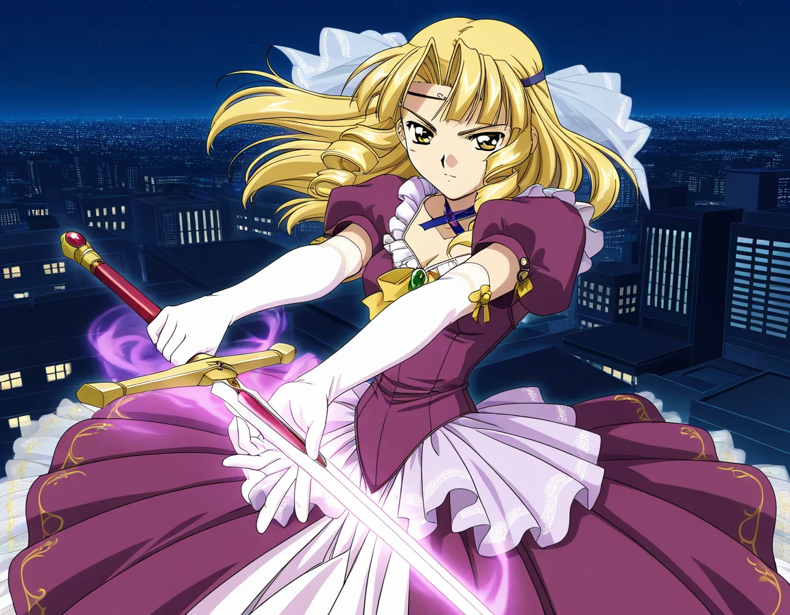 general,highres, ultra-detailed,very aesthetic,best quality ,best hands, BREAK 2000s \(style\),anime coloring, <lora:Sapphire_Spiral_NAMI_IS:1>,
Sapphire, 1girl, solo, weapon, sword, dress, gloves, brown eyes, elbow gloves, purple dress, puffy sleeves, looking at viewer, attack, magic effect. aura,
night, city,