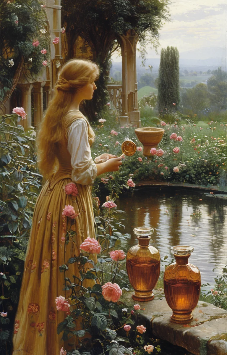 masterpiece,best quality,<lora:tbh201-sdxl:0.9>,illustration,style of Edmund Leighton
A bottle of perfume in garden