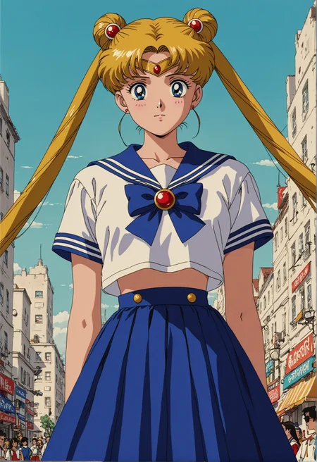 score_9,score_8_up,score_7_up,embedding:zPDXL2, masterpiece,best quality,highly detailed,detailed background, film grain,colorful,Expressiveh,Cinematic Lighting, s41l0rm00n,retro anime artstyle, white_shirt, blue_skirt, full color, Usagi Tsukino, sailor fuku, tiara, blonde, twintails<lora:增强\(收藏)\sdxl_lightning_8step_lora.safetensors:1.0:1.0> <lora:Vixon's AnimeManga Styles Sailor Moon.safetensors:0.9:0.9>