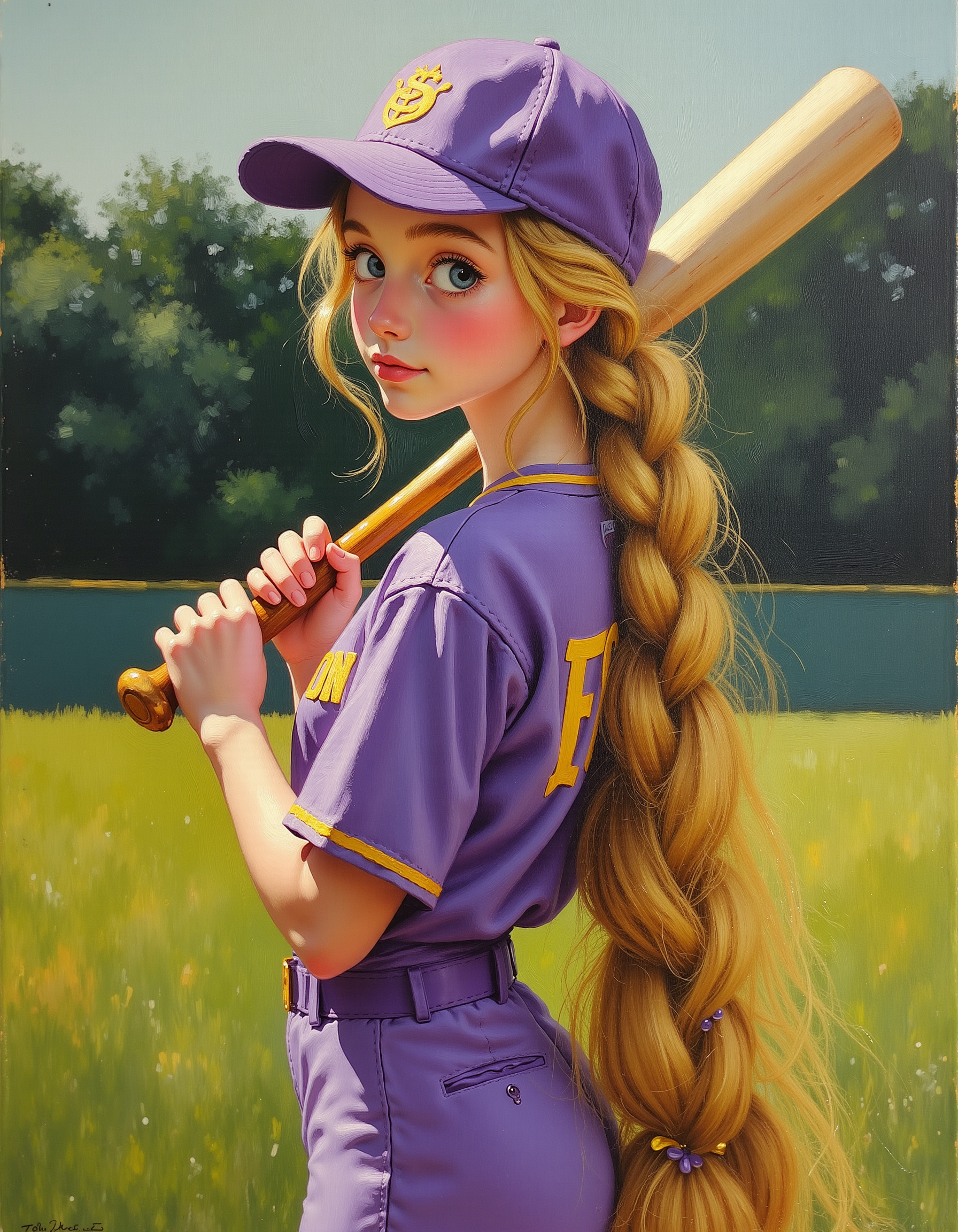 oil painting of a young petite teen Rapunzel dressed in a vibrant baseball uniform. She stands confidently on a lush green baseball field with a long, golden braid cascading down her back, the braid adorned with subtle decorative elements like small ribbons woven through her hair. Her skin the palest white and her eyes enchantingly deep blue.
Rapunzel's uniform should be a classic yet colorful baseball outfit, consisting of a bright jersey, matching pants, and a cap that keeps the sun out of her eyes. Her jersey colors could be a mix of royal purple, white, and gold, reflecting her regal background.
In one hand, Rapunzel holds a baseball bat, ready for action, while her other hand rests on her hip with a determined look in her eyes. The background a lively game atmosphere to capture the energetic spirit of the scene.
Romantic, focus on the girl, shadow and light, Masterpiece, intricate lines, intriguing atmosphere, sharp magnificent details, delicate features, elaborate details, (2\3 rule composition:0.5), ultra detailed, romantic, Rembrandt lighting, brush strokes, del1cate_balance style, novuschroma, in the style of Rembrandt. vantablack <lora:style_of_Rembrandt_FLUX_135:.8> <lora:- Flux1 - vanta_black_V2.0:.6> <lora:Delicate_Balance:.3> <lora:113_novuschromaFLX_1:.3> <lora:neeeg_f1:-.5>