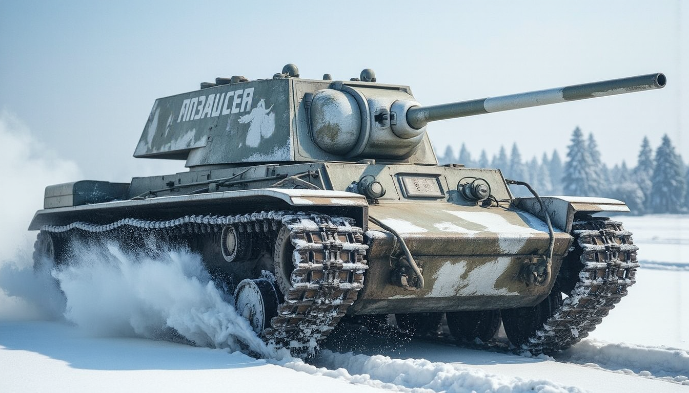 oil paintingof the battlefield,   <lora:kv1:0.8>,kv1,backlight, angel's ladder,
A tank runs through the snow-covered Russian land, kicking up snow as it runs. Its white camouflage paint peels off, revealing the city's Russian blue.