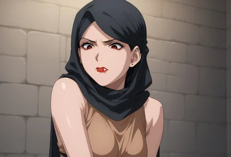 score_9, score_8_up, score_7_up, score_6_up, score_5_up, score_4_up, source_explicit, BREAK, solo:1.6, 1girl, vampire, black hair, red eyes, brown cloth tube-tob, midriff,  (dungeon background:1.5), (long black hair sticking out from black hijab:), long black hair:1.7,  sleeveless, vampire fangs, , pale skin, , sm_an_stl, source_anime, anime screencap, anime, animification, BREAK,  , hijab , ((brown hemp top)), ((brown hemp clothing)),  stone walls, wall torches, bangs sticking out from hijab, stern expression,,  standing, bending down, discovering foot prints, investigating, looking down, thinking, cowboy shot , stone brick  well,