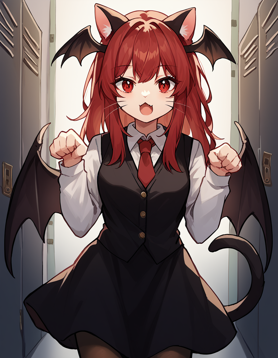 score_9, score_8_up, score_7_up, source_anime, <lora:koakuma-ponyxl-lora-nochekaiser:1>, koakuma, red eyes, red hair, long hair, sidelocks, medium breasts,, bat wings, black dress, black pantyhose, black skirt, black vest, dress, head wings, long sleeves, multiple wings, necktie, pantyhose, red necktie, shirt, skirt, vest, white shirt, wings,, school hallway, lockers, between classes, everyday life, , <lora:paw-pose-ponyxl-lora-nochekaiser:1>, paw pose, cat ears, cat tail, animal ears, tail, cat girl, open mouth, fang, whiskers,, looking at viewer, solo,, dutch angle, cowboy shot