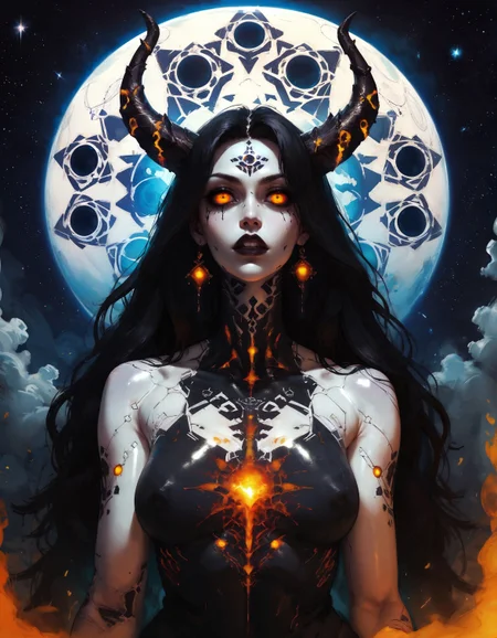 score_9, score_8_up, score_7_up, score_6_up, score_5_up, score_4_up, otherworldly goddess, pure porcelain skin, deep abyssal black eyes, black horns, long dress made of the stars, astral plane, dark, epic, ethereal, mystical, stars, atmospheric, beautiful, skin patterns, galactic, shiny skin
