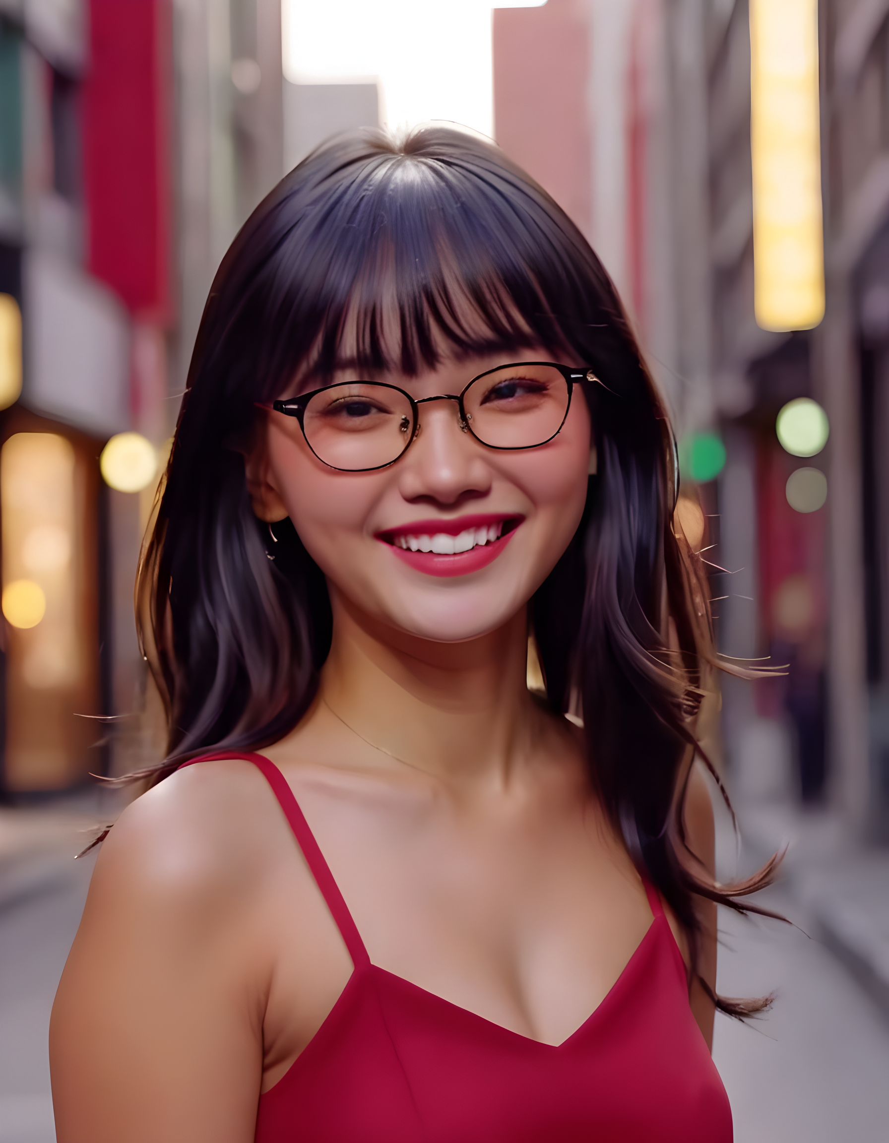 In a bustling downtown street under the warm, golden glow of late afternoon sunlight filtering through tall buildings, K1MCWYT, a captivating woman with black hair cascading down to her shoulders and bangs framing her face, stands alone. Her striking features are accentuated by her black-rimmed glasses as she offers a radiant smile, revealing perfect white teeth, while gazing directly at the viewer from a slightly tilted head. The background is a blur of colorful storefronts and passersby, with her vibrant red dress serving as a stark contrast against the muted tones of the urban setting, emphasizing her sense of individuality and confidence.