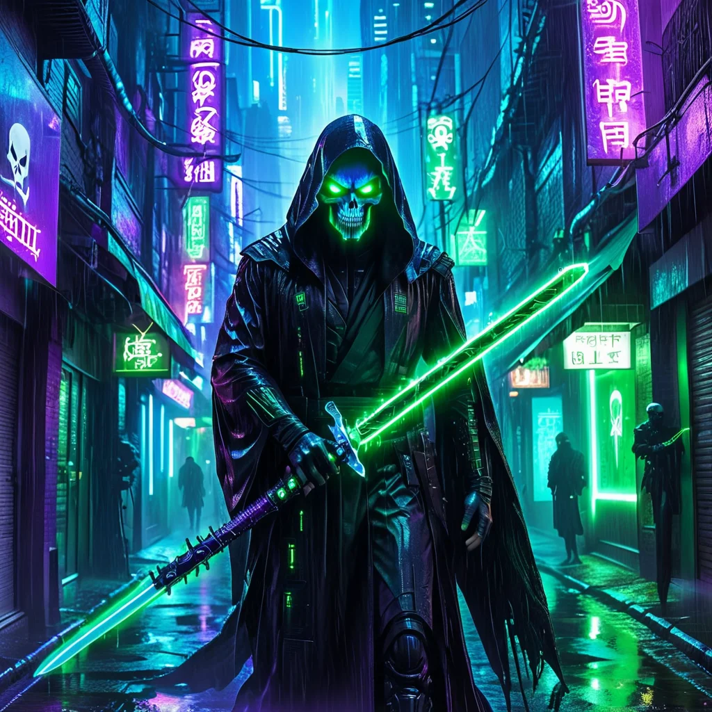 masterpiece,high resolution
1 figure, solo, dark cloaked figure, holding a glowing blue energy sword, skull-like face with glowing green eyes, futuristic city alley at night, neon purple and green signs, rainy wet streets, ominous atmosphere, cyberpunk setting, glowing reflections on the ground, mysterious and intimidating presence
, <lora:halloween_x_cyberpunk-xl-9:0.6>