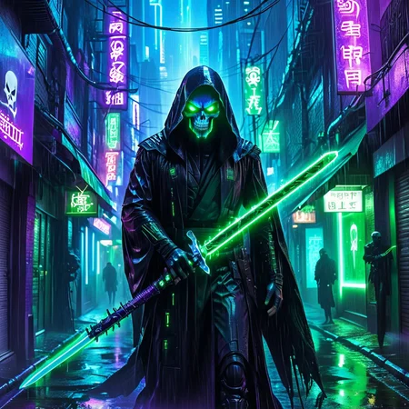 masterpiece,high resolution
1 figure, solo, dark cloaked figure, holding a glowing blue energy sword, skull-like face with glowing green eyes, futuristic city alley at night, neon purple and green signs, rainy wet streets, ominous atmosphere, cyberpunk setting, glowing reflections on the ground, mysterious and intimidating presence
, <lora:halloween_x_cyberpunk-xl-9:0.6>
