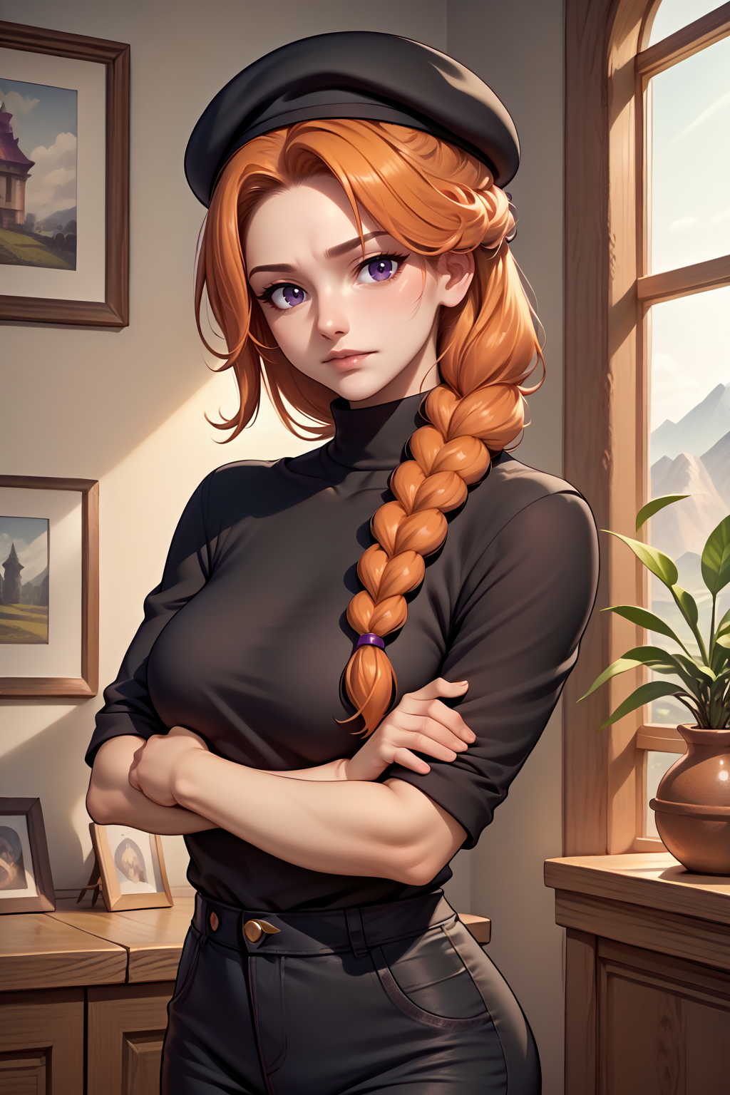 source_anime, score_9, score_8_up, 1girl, solo, <lora:NSLeahStardew:1> NSLeahStardew, orange hair, long hair, braid, braid in front, single braid, purple eyes, beret, black sweater, turtleneck, black pants, crossed arms, indoors, looking at the viewer