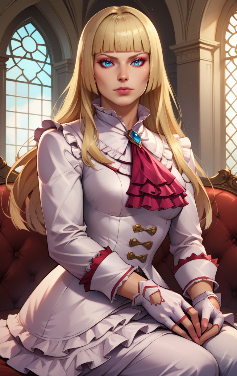 score_9, score_8_up, score_7_up, BREAK,  <lora:emilie:1> emiliederochefortSDXL, 1girl, solo, long hair,  blue eyes, blonde hair, room background, gloves, white dress, frills, white gloves, fingerless gloves, white dress, lips, ascot, makeup, frilled dress, hime cut, realistic, cowboy shot, sitting