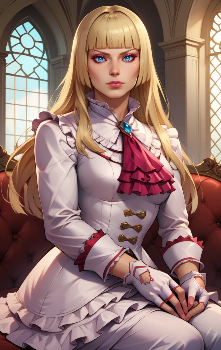 score_9, score_8_up, score_7_up, BREAK,  <lora:emilie:1> emiliederochefortSDXL, 1girl, solo, long hair,  blue eyes, blonde hair, room background, gloves, white dress, frills, white gloves, fingerless gloves, white dress, lips, ascot, makeup, frilled dress, hime cut, realistic, cowboy shot, sitting